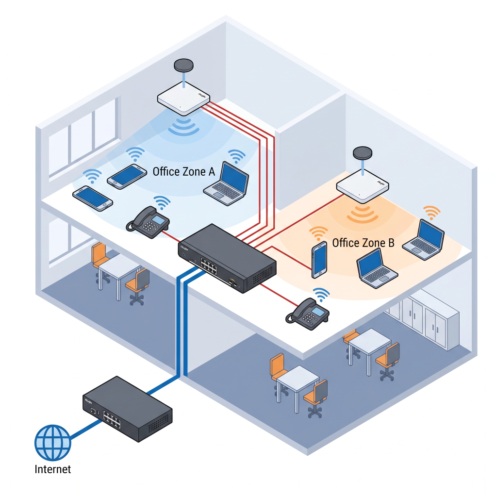 Sơ đồ lắp AP Wifi Ruijie RG-AP720-L Wi-Fi 5 dual-band PoE ốp trần văn phòng SMB