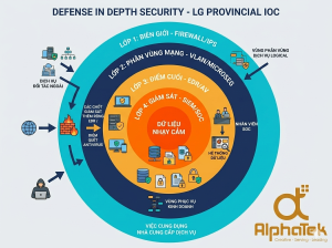 Tóm tắt kiến trúc bảo mật mạng IOC tỉnh - 4 lớp Defense in Depth` - **Caption đề xuất:** `4 lớp bảo mật Defense in Depth cho IOC tỉnh: perimeter + segmentation + endpoint + monitoring.