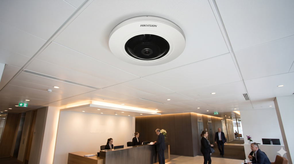 Lắp đặt thực tế Camera IP Hikvision Fisheye DS-2CD2955G0-ISU 5MP 360° cho sảnh văn phòng, lớp học