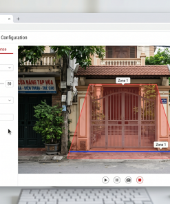 Web UI Hikvision DS-2CD1043G2-LIU đang cấu hình AcuSense - vẽ zone đỏ quanh khu vực cổng + đường line crossing màu xanh, sensitivity 50