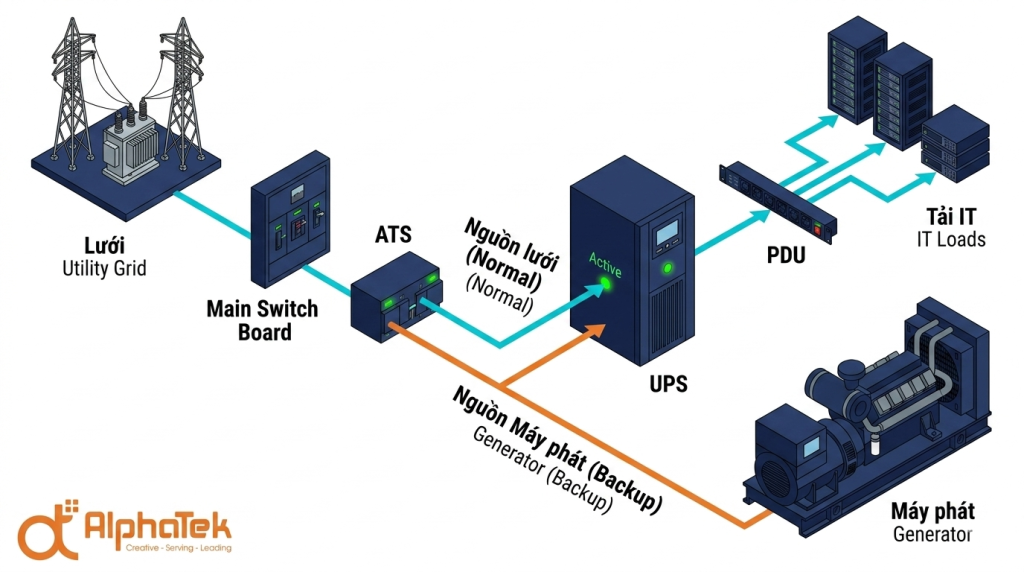Sơ đồ kiến trúc máy phát điện + ATS + UPS cho phòng server cấp tỉnh