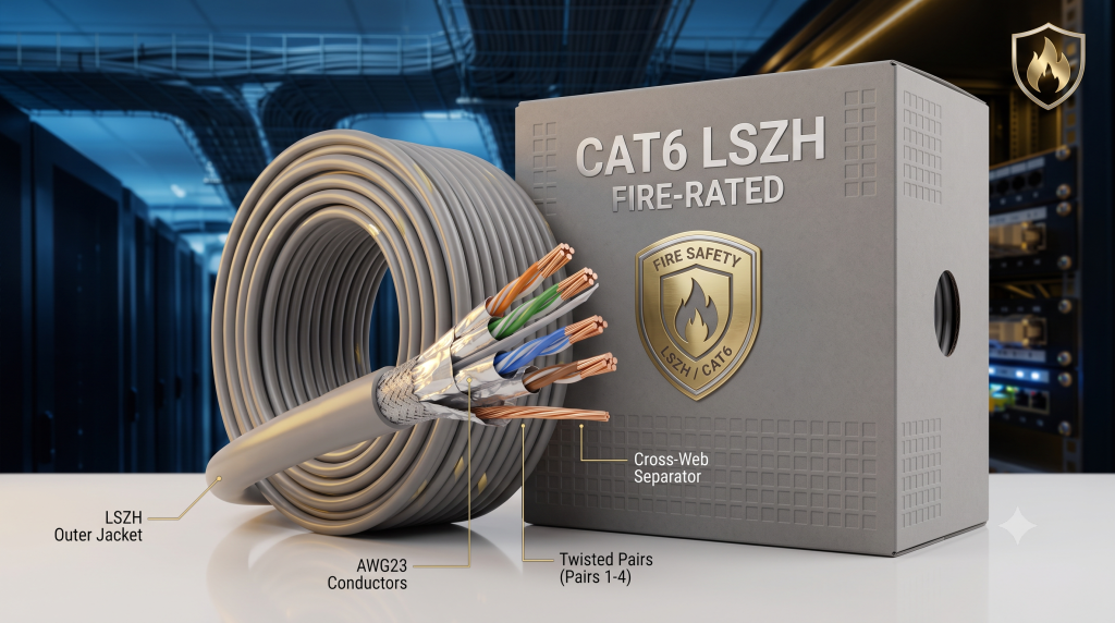 Cáp mạng R&M Cat6 LSZH 250MHz (809796): chọn cáp chống cháy đúng cách cho công trình trọng yếu Cáp mạng R&M Cat6 U/UTP 250MHz LSZH R809796 chống cháy chính hãng phân phối bởi AlphaTek