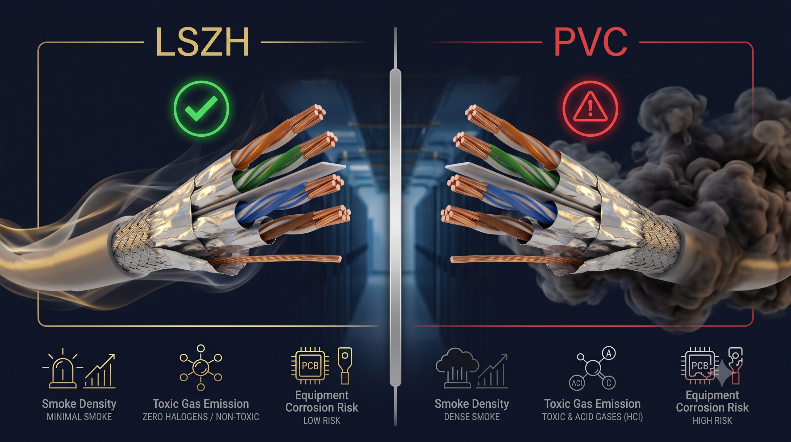 Cáp mạng R&M Cat6 LSZH 250MHz (809796): chọn cáp chống cháy đúng cách cho công trình trọng yếu Sơ đồ so sánh cáp LSZH và PVC khi cháy - LSZH ít khói không độc, PVC khói đặc thải HCl