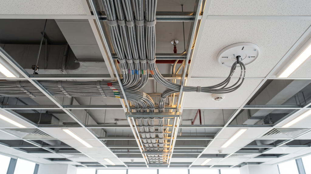 Thi công cáp RM Cat6A lên trần cho access point WiFi tại văn phòng