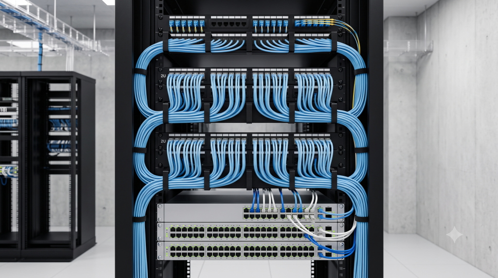 Hệ thống cáp mạng CommScope hoàn chỉnh - patch panel, cable management, switch trong tủ rack