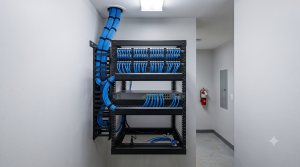 Phòng mạng IDF với tủ rack CommScope - patch panel, switch, cable management